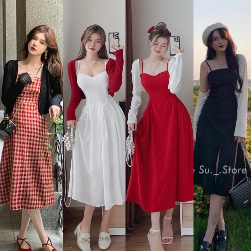 Set đầm midi hoa suông 2 dây kèm áo khoác đỏ (về thêm màu trơn)