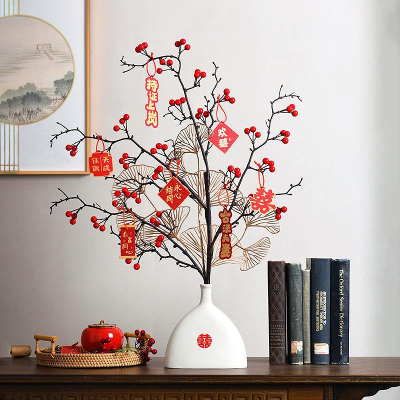Bình hoa đào đông đỏ tài lộc Hoa giả decor Lọ hoa để bàn trang trí phòng khách ngày tết sang trọng