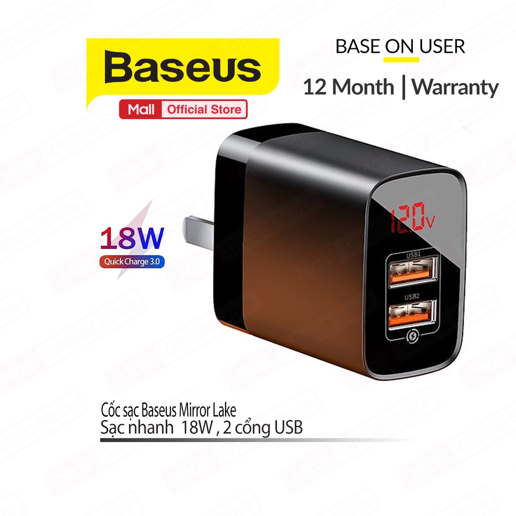 Cốc sạc 18W Baseus Mirror Lake 2 cổng USB chân dẹt màn hình Led sạc nhiều thiết bị cùng lúc