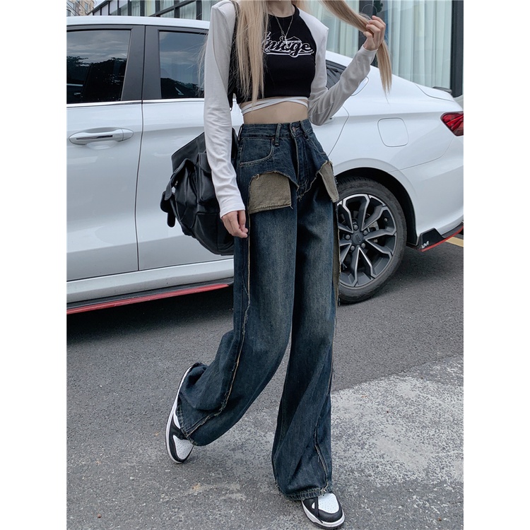 QADCOL Thiết Kế Với Túi Quần Jean Ống Rộng Thẳng Lưng Cao Phối Màu Tương Phản Cho Nữ