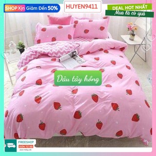 Bộ ga gối 3 món cotton poly 2mx2m2,được chọn mẫu,dâu tây hồng