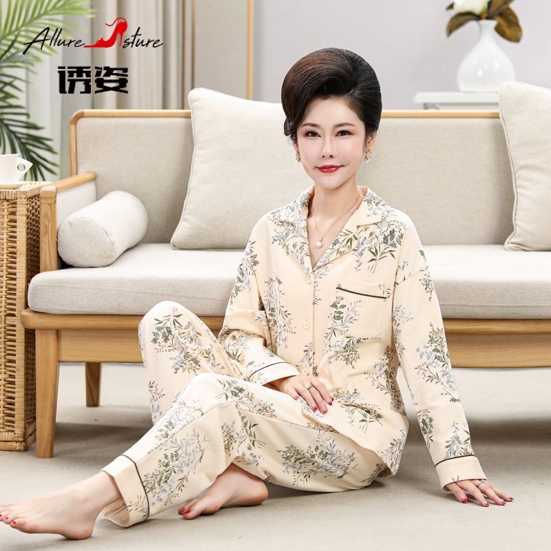 Bộ Đồ Ngủ Cotton Dài Tay Thời Trang Thu Đông Cho Phụ Nữ Trung Niên
