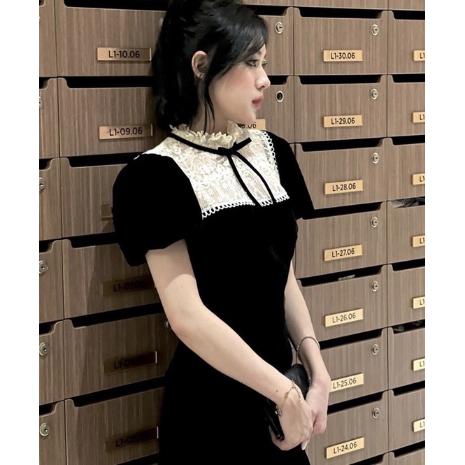 ĐẦM NHUNG ĐEN PHỐI REN TRẮNG CỘT NƠ