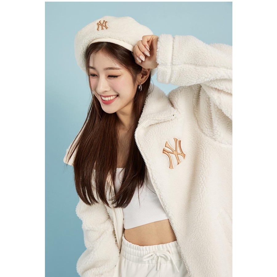 Nón Beret Chất Lông Cừu Màu Trắng Ngà/Đen Thêu Logo NY Dn.Storevnxk