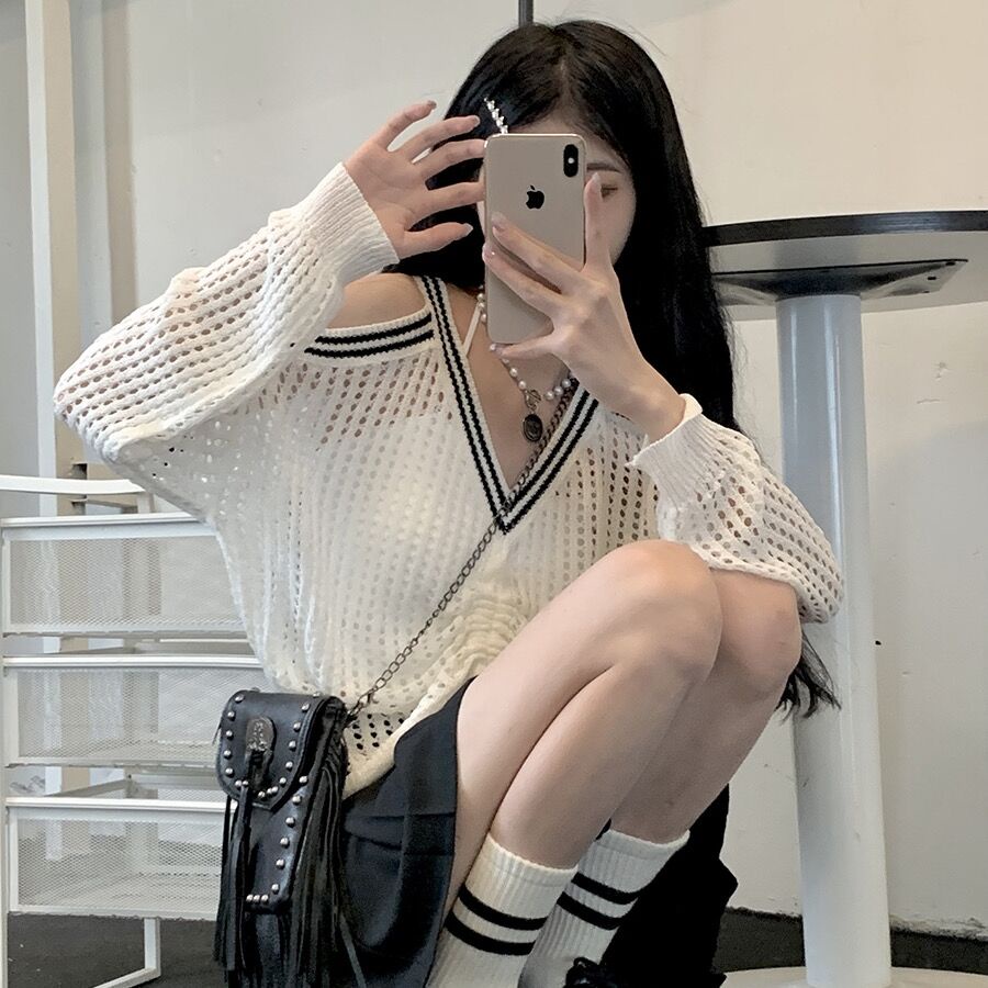 Áo Kiểu Dệt Kim Mỏng Hở Vai Dáng Rộng Phối Dây Rút Chống Nắng Và Điều Hòa Không Khí Kiểu Gia Vị Cho Nữ