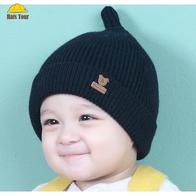 Mũ Beanie Đan Len Màu Trơn Giữ Ấm Mùa Thu Đông In Họa Tiết Gấu Dễ Thương Cho Bé Sơ Sinh 0-12 Tháng Tuổi