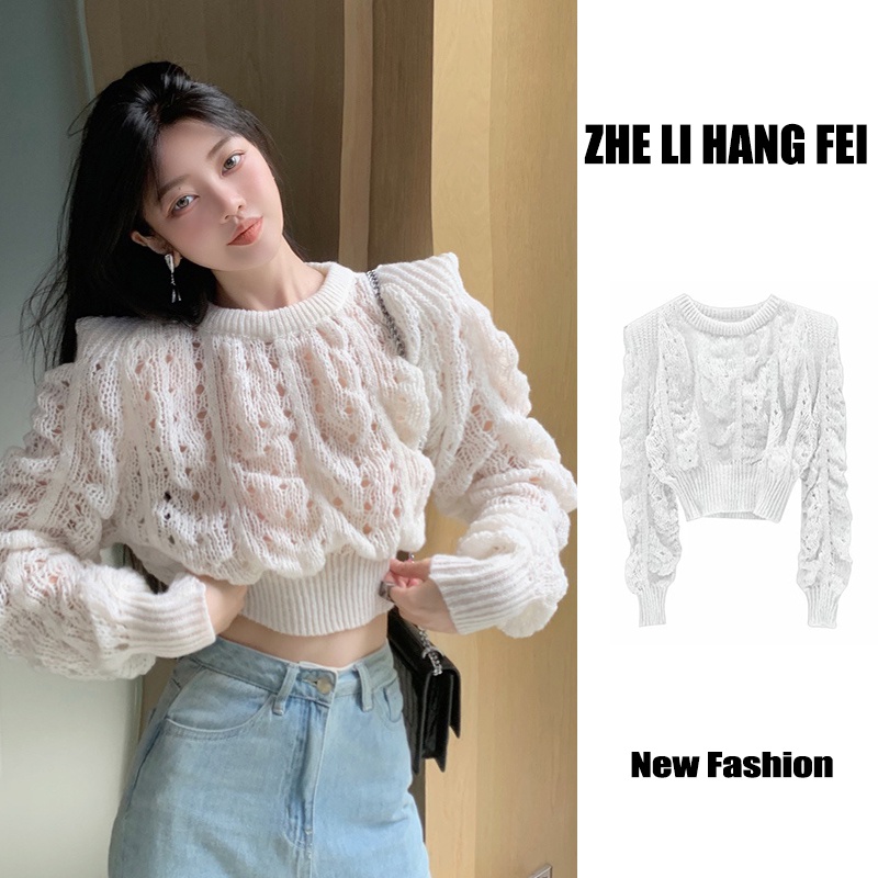 Áo sweater ZHELIHANGFEI dài tay eo cao thiết kế kiểu rách phong cách quyến rũ