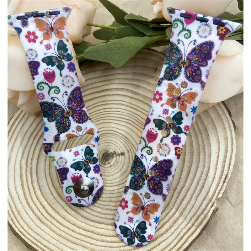 Dây Đồng Hồ Thông Minh Bằng Silicone In Hình Hoa &amp; Bướm Cho iWatch 7 / 6 / 5 / 4 / 3 / 2 / 1 / SE 38 / 40 / 41 / 42 / 44 / 45