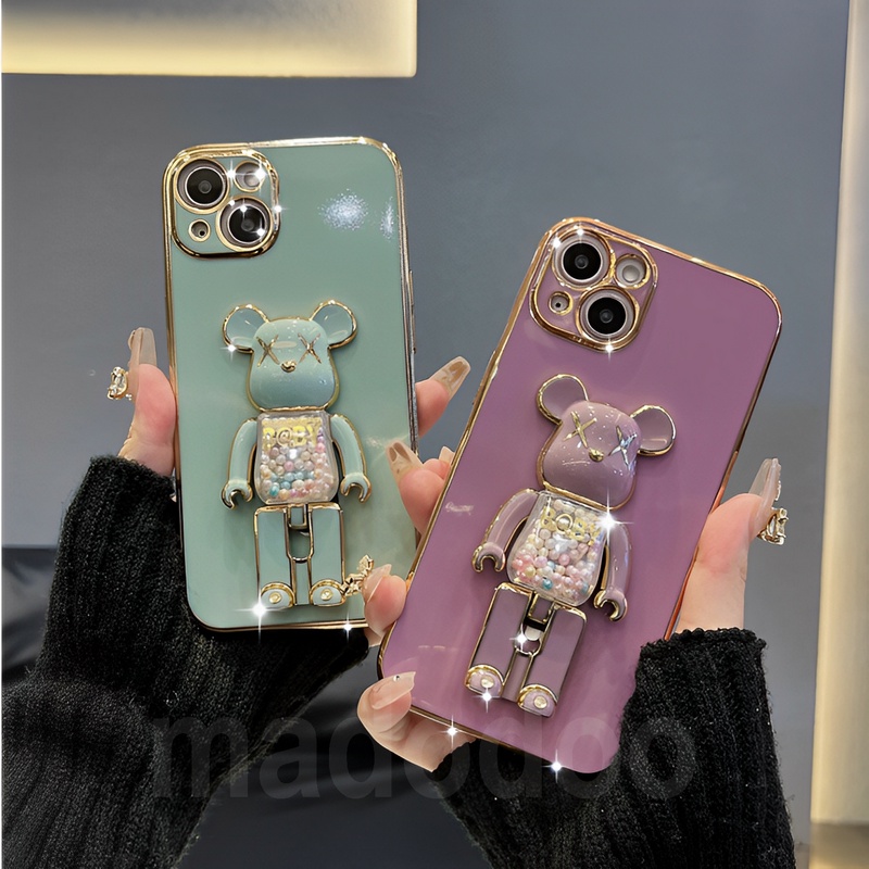 6D Straight Edge Electroplate Casing Samsung Galaxy A71 4G A51 A70 A50 A50S A30S A20 A30 A10S A20S A10 Cute Candy Beads Gloomy Bear Kaws Quicksand Holder Fine hole Tpu Anti-fall Lens Protection Soft Thin Phone Case Cover MMT 09