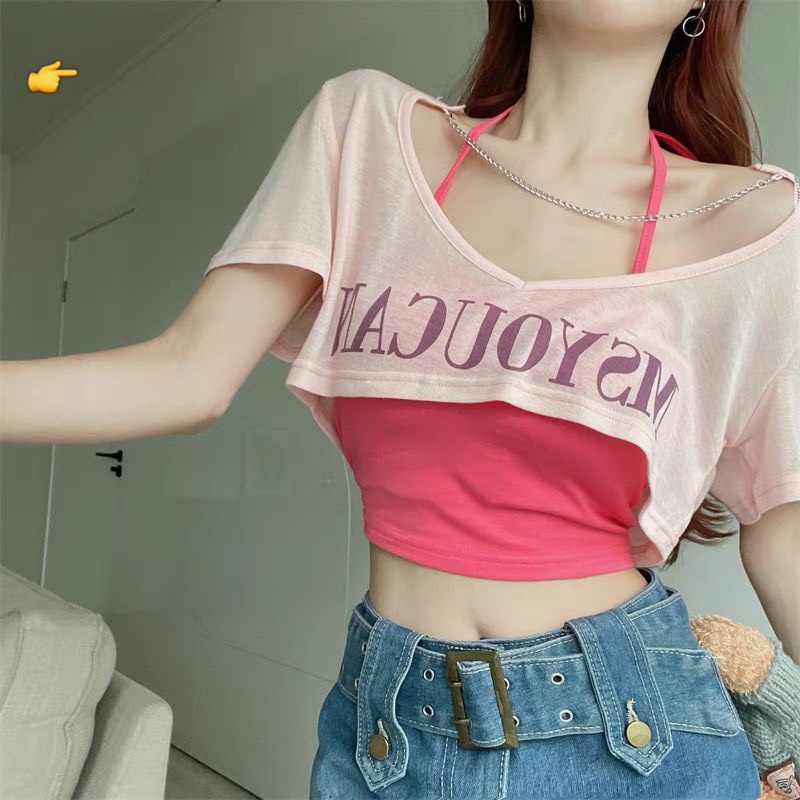 Áo kiểu yếm nữ dáng ngắn trong mix áo thun ngoài in chữ tay ngắn chất thun mềm xinh xắn