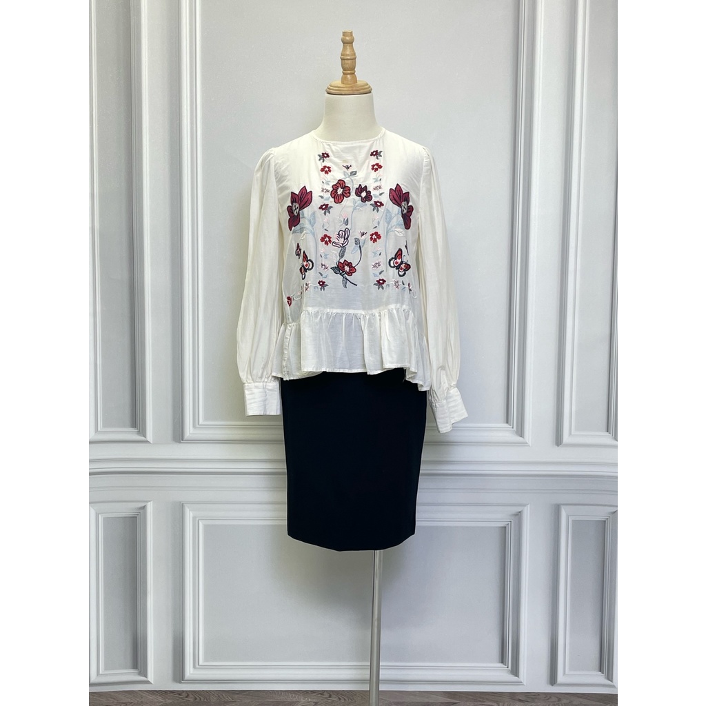 Áo dài tay thêu hoa ZARA hàng hiệu chính hãng thời trang nữ A674 màu trắng ngà size XS secondhand thanh lý ký gửi