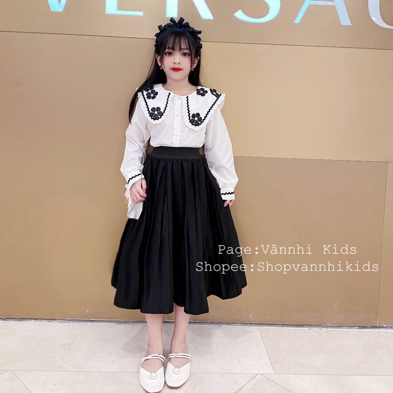 Set sơmi bèo Tiểu Thư đính hoa xinh sang cho bé size đại 17kg-42kg