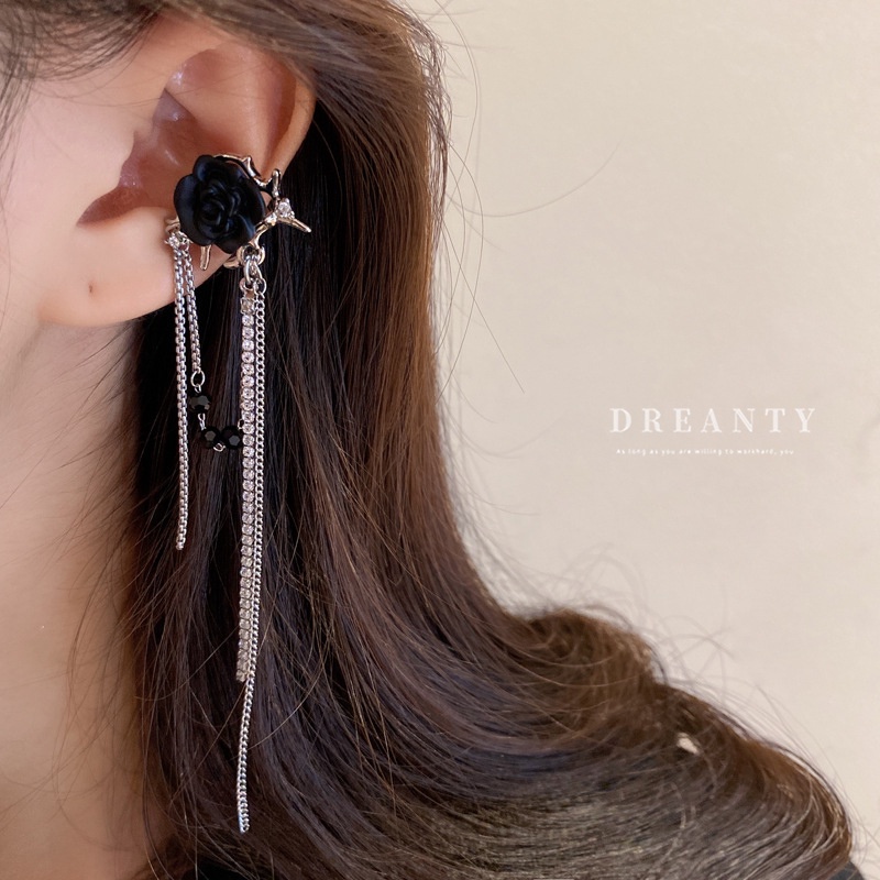 Bông Tai Tua Rua Đính Kim Cương Pha Lê Hoa Hồng Đen Không Xỏ Lỗ Phong Cách Cá Tính Ngọt Ngào Dành Cho Nữ