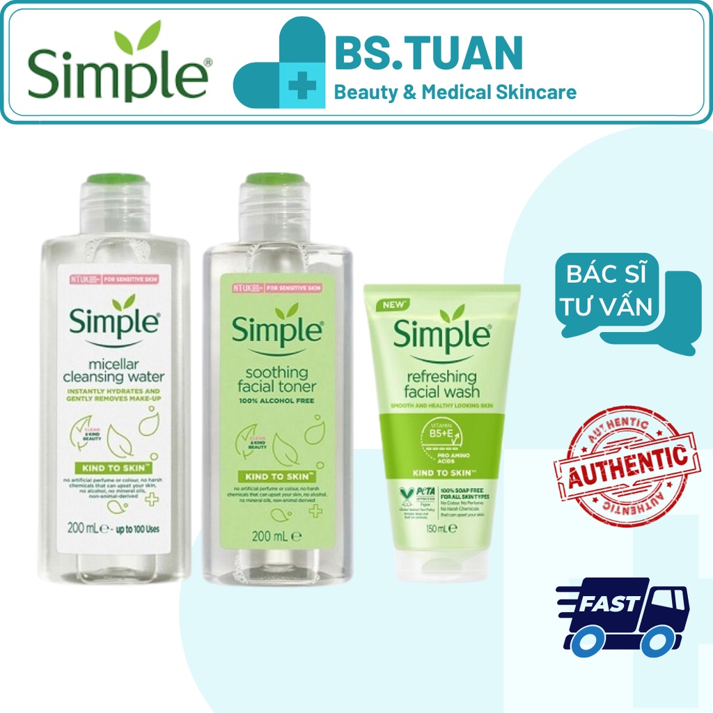 Combo Simple chăm sóc da khoẻ đàn hồi 3 món (tẩy trang - sữa rửa mặt - toner)