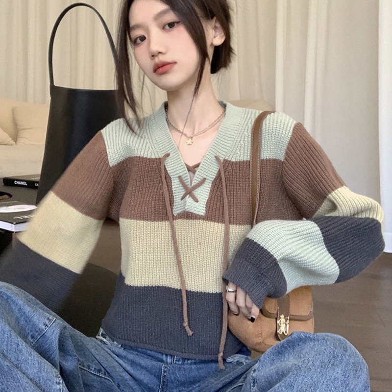 Áo Sweater Tay Dài Kẻ Sọc Màu Sắc Tương Phản Phong Cách Hàn Quốc