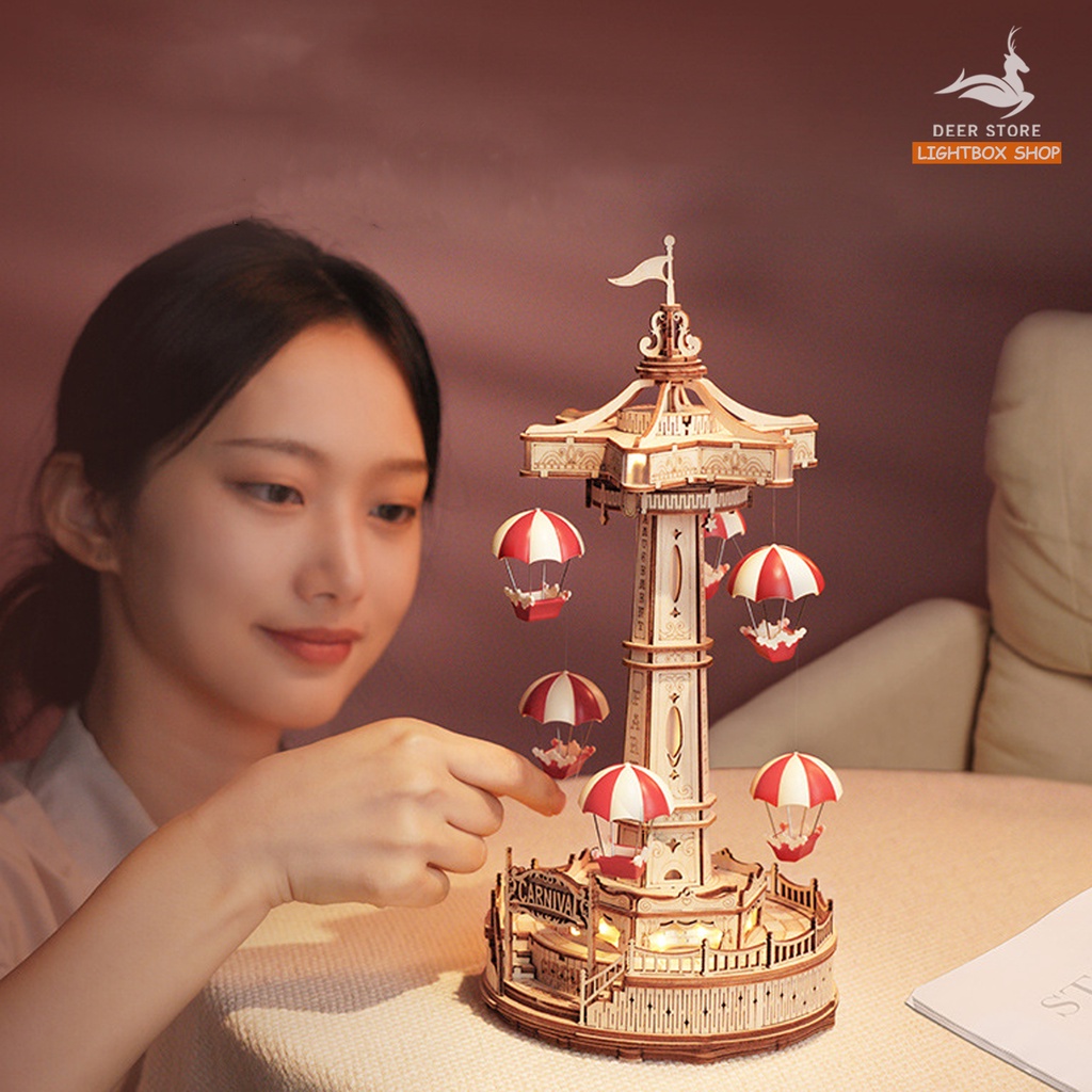 Đồ chơi lắp ráp gỗ 3D Parachute Tower DIY Music Box. Hộp Âm nhạc Robotime và Chuyển động lên xuống EA01 HD Tiếng Anh