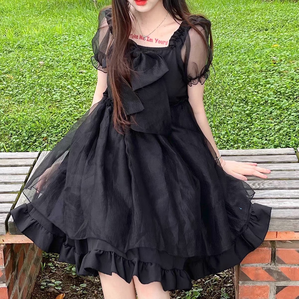 Đầm chữ A tay ngắn phối lưới đính nơ thời trang phong cách lolita xinh xắn dành cho nữ