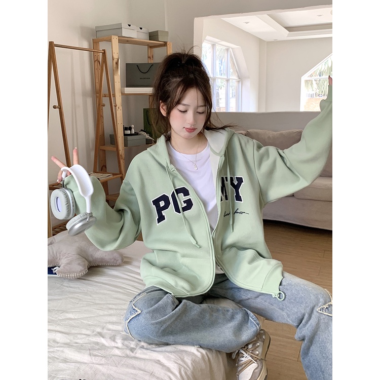 Áo Khoác Hoodie Dáng Rộng Thêu Chữ Thời Trang Thu Đông Cho Nữ