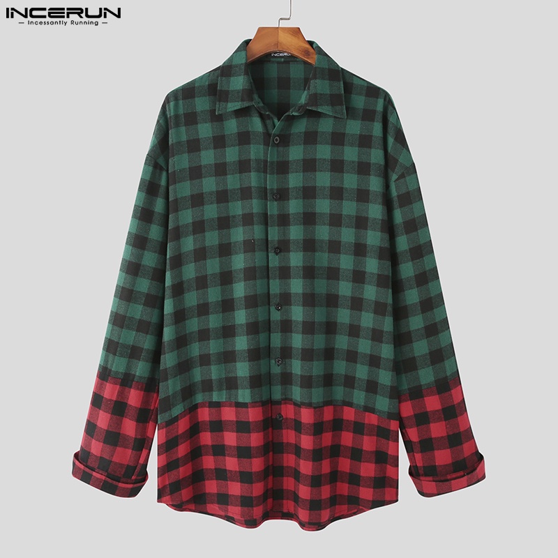 Áo sơ mi INCERUN dài tay dáng rộng kẻ sọc caro thời trang cho nam