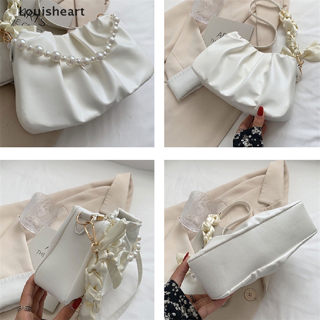 Louisheart Túi Xách Đeo Vai Phối Dây Ruy Băng Xếp Ly Đính Ngọc Trai Thời Trang Cho Nữ TFG