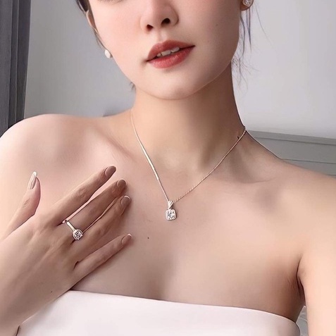 Bộ trang sức bạc nguyên chất cao cấp nữ Dây chuyền, Khuyên tai, Nhẫn nữ LAVESTA mặt vuông đính pha lê lấp lánh SUN595