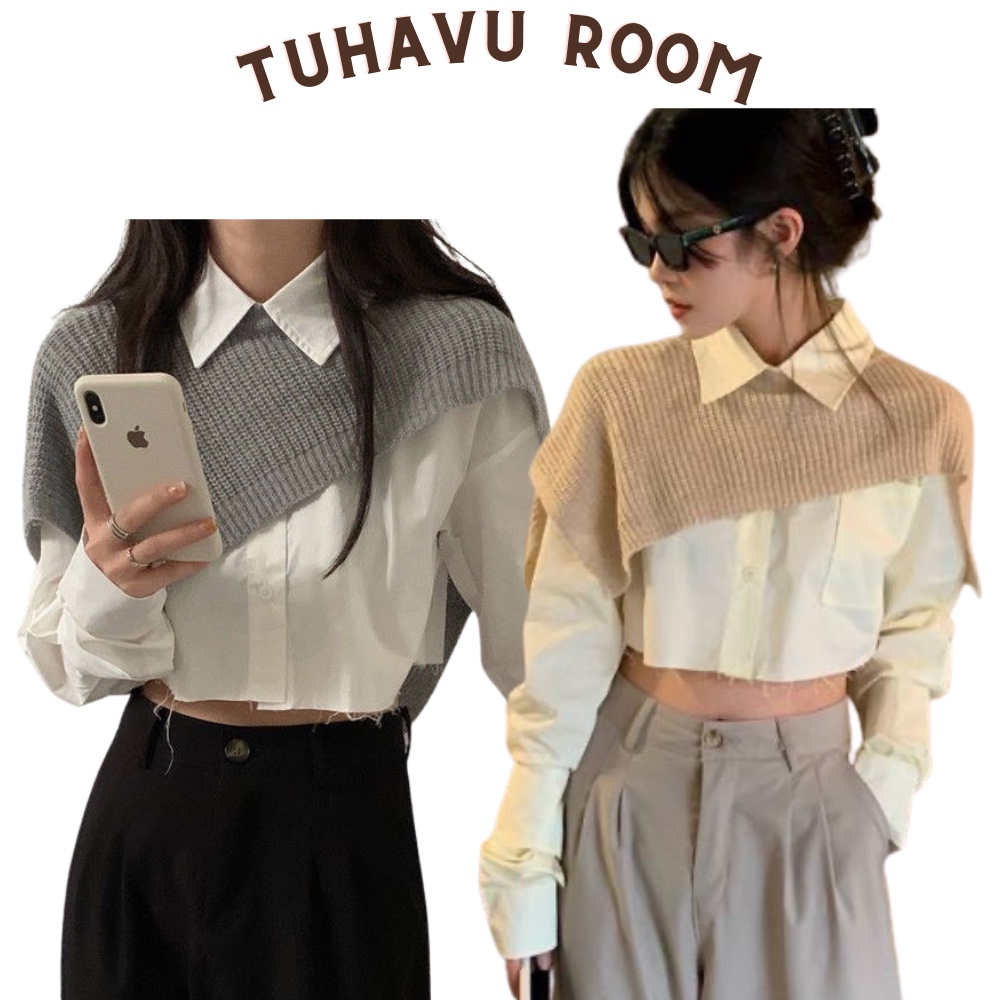 Set áo sơ mi dài tay croptop mix khoác vạt len