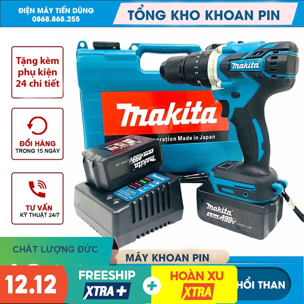 Máy khoan pin bắn vít MAKITA 198v pin khủng 10 cell, không chổi than