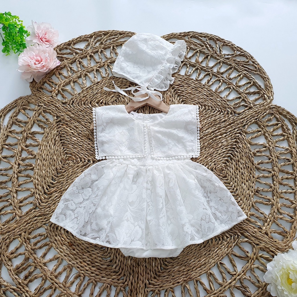 Đầm body bé gái màu trắng phối ren tặng kèm mũ đồng bộ thích hợp mặc tết, làm quà tặng, thôi nôi, sinh nhật