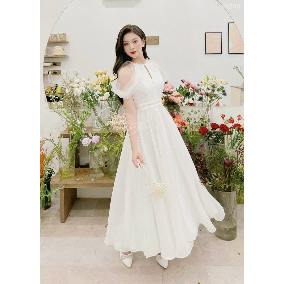 Đầm maxi trắng đính cườm rớt vai kiểu mới về đi tiệc, du lịch
