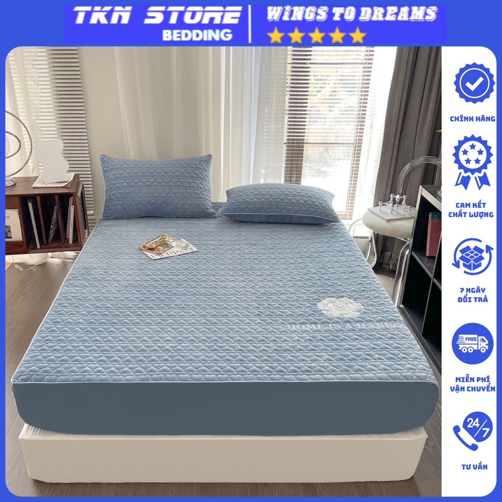 Ga gối nỉ nhung mịn thêu hoa trà Camellia sang trọng tính tế , Ga bọc đệm nỉ tuyết chất trần bông mềm mịn mẫu mới 2022