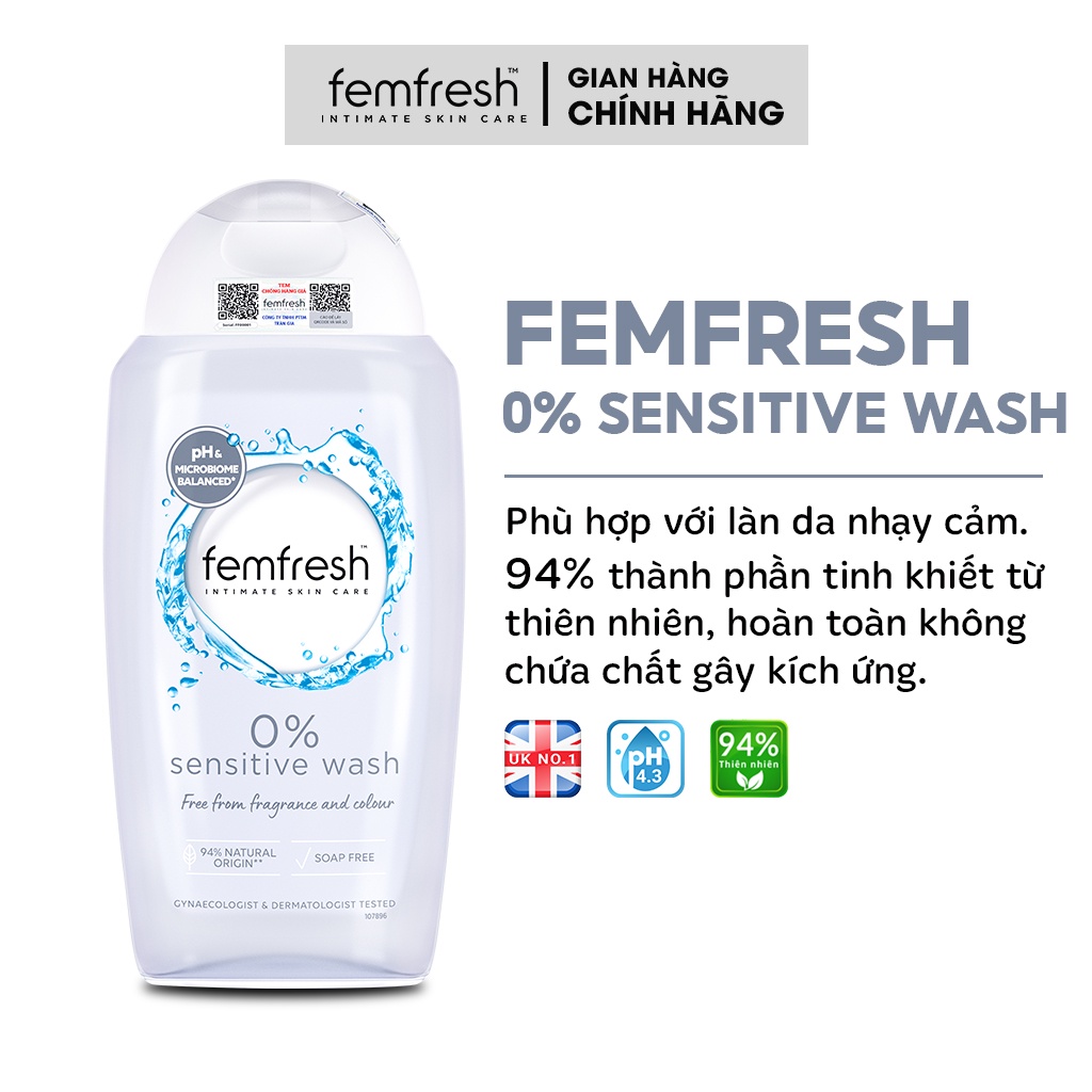 Dung dịch vệ sinh phụ nữ cao cấp cho da nhạy cảm Femfresh 0% Sensitive Intimate Wash 250ml