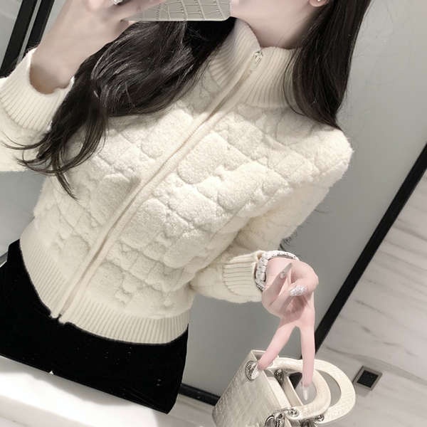 Áo Khoác Cardigan Cổ Đứng Phối Khóa Kéo Thời Trang Thu Đông Cho Nữ