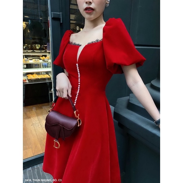 (Có size lớn) Đầm thun nhung tay phồng xoè kết hạt cực sang dịp Tết Noel