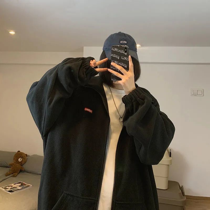 Áo Khoác Nhung Dày Dặn Cổ Đứng Dáng Rộng Phong Cách Hàn Quốc Cho Nữ