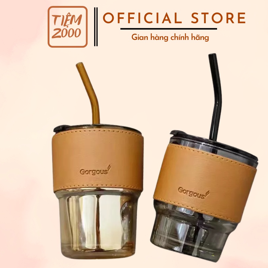 Ly uống nước thuỷ tinh có quai sách tiện dụng kèm ống hút, cốc uống nước dung tích 450ml, thiết kế nắp chống tràn 2022