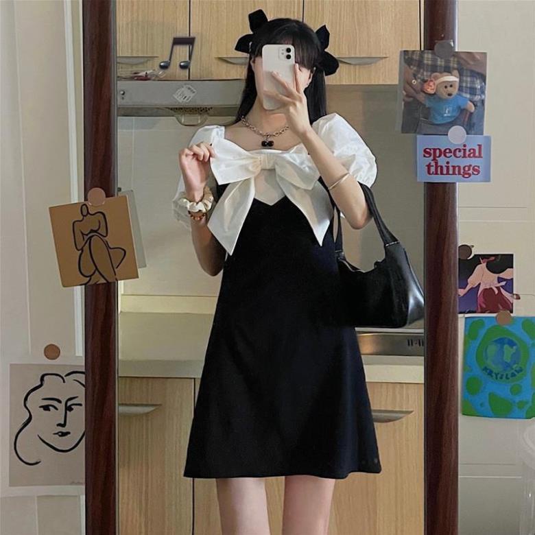 H.A.N STORE H.A.N STORE Đầm Tay Phồng Ngắn Cổ Vuông Dáng Rộng Phong Cách Pháp Retro Thời Trang Cho Nữ