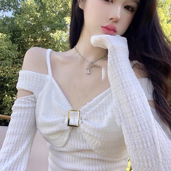 Áo croptop tay dài HAGA áo trễ vai nơ ngực sang trọng ATVN66