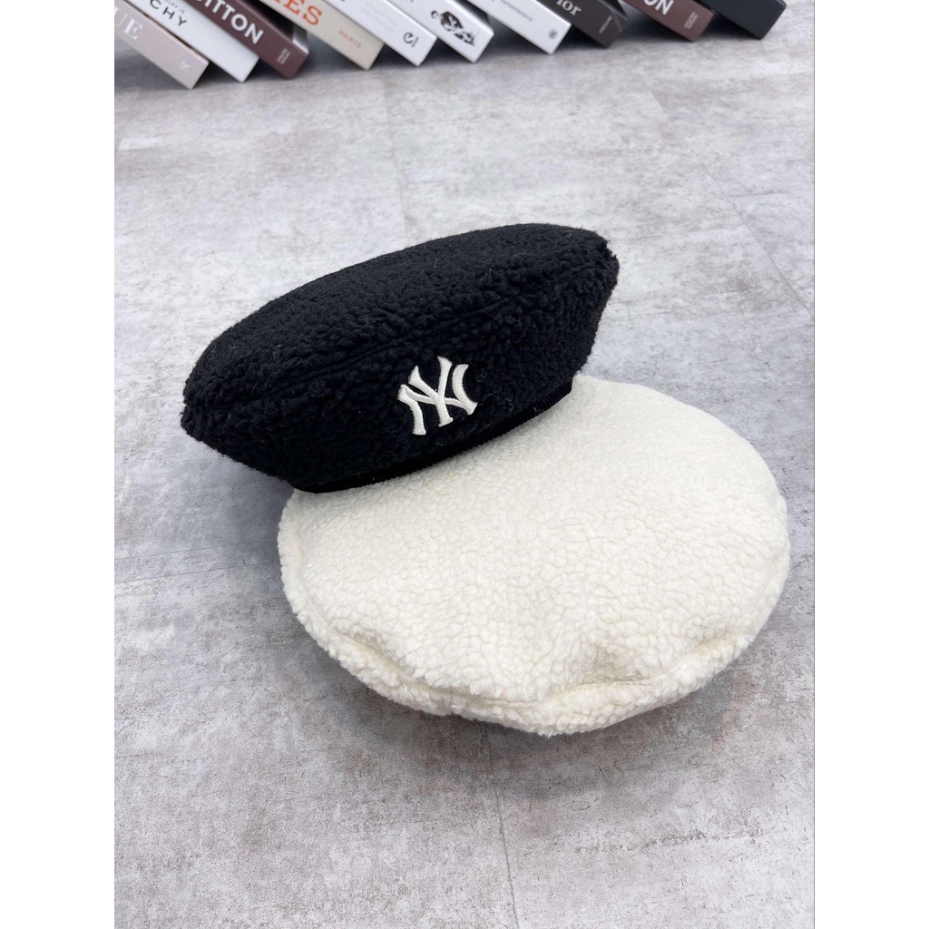 Nón Beret Chất Lông Cừu Màu Trắng Ngà/Đen Thêu Logo NY Dn.Storevnxk