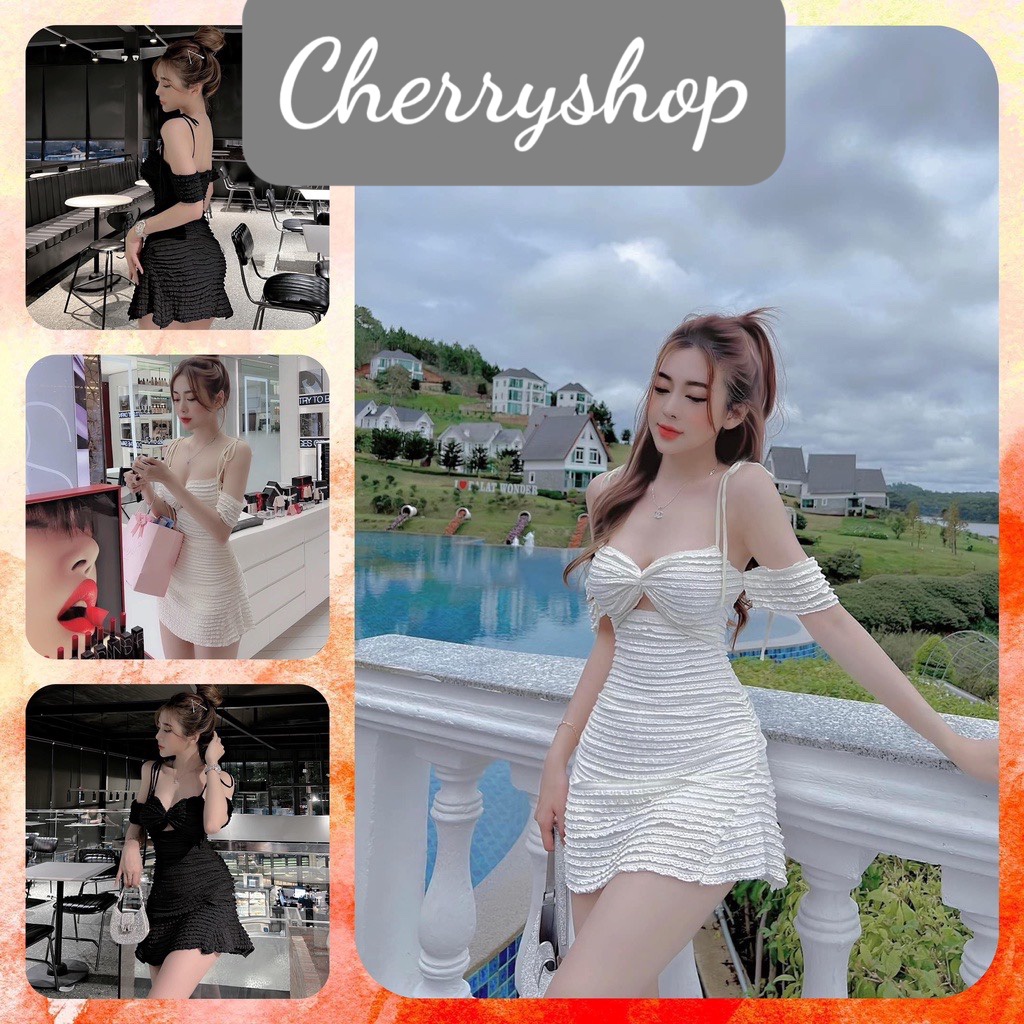 Đầm xốp tiểu thư cột nơ vai dáng chữ A có mút sexy dễ thương