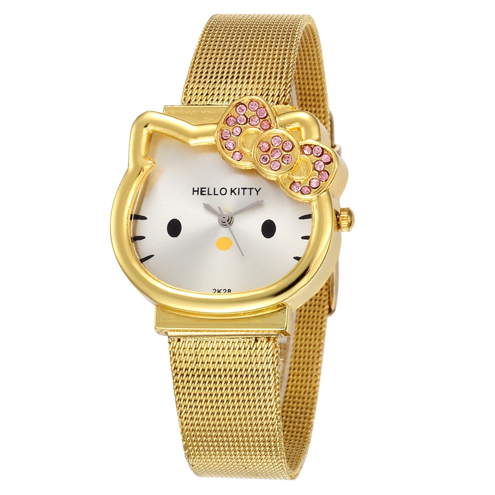 Đồng Hồ Đeo Tay Máy Quartz Dây Thép In Hoạt Hình Mèo Kitty Dễ Thương Cho Bé Gái