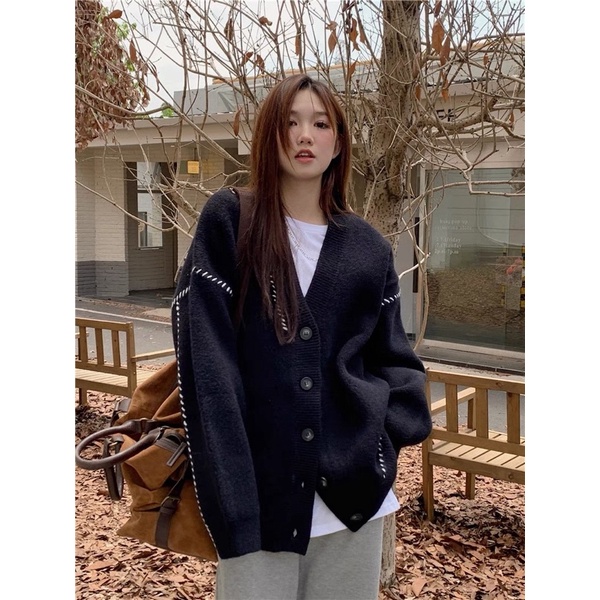 Áo Len dáng dài quảng châu, áo khoác cardigan nữ móc chỉ 2 bên tay màu đen trắng