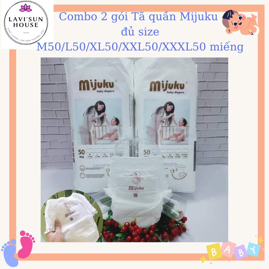 100 miếng tả quần MIJUKU mỏng nhẹ siêu khô thoáng, thấm hút tốt cho bé cảm giác dễ chịu đủ size M/L/XL/XXL/XXXL