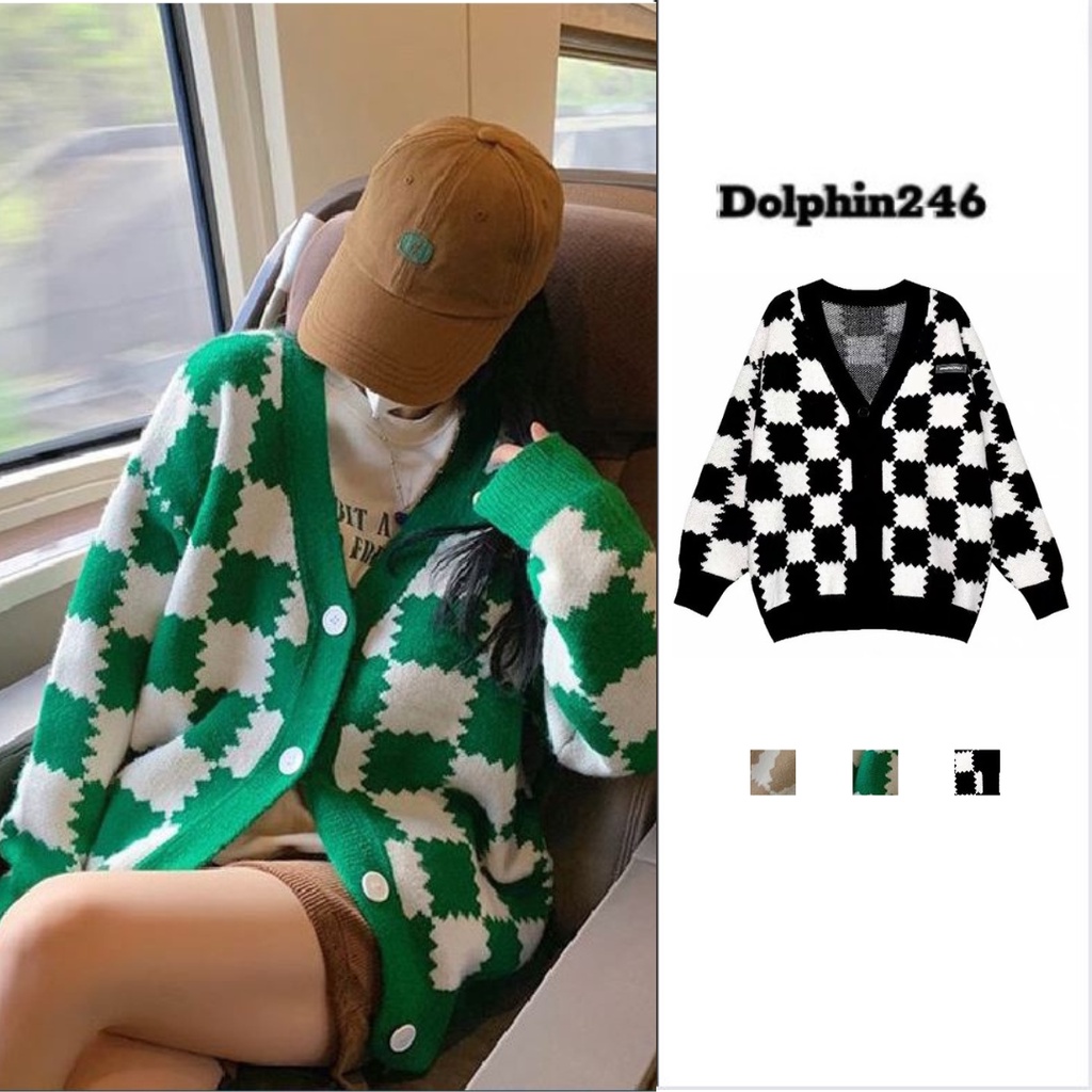 Áo khoác len cardigan dài tay kẻ caro ô bàn cờ dáng rộng bigsize phong cách Hàn Quốc cá tính hàng Quảng Châu đẹp E-11