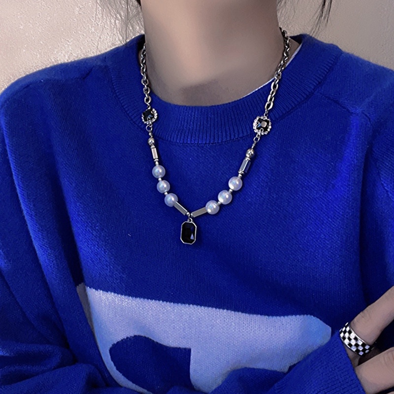 Vòng cổ Thép Titan Đính Đá Đen Thời Trang Cho Nam Nữ