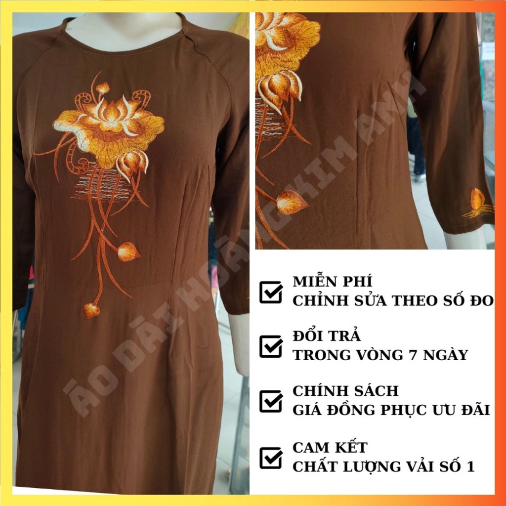 ÁO DÀI LỤA THÊU HOA SEN MAY SẴN ĐI LỄ CHÙA NHÃ NHẶN THIẾT KẾ CỔ TRÒN MÀU NÂU [Ảnh Thậ]