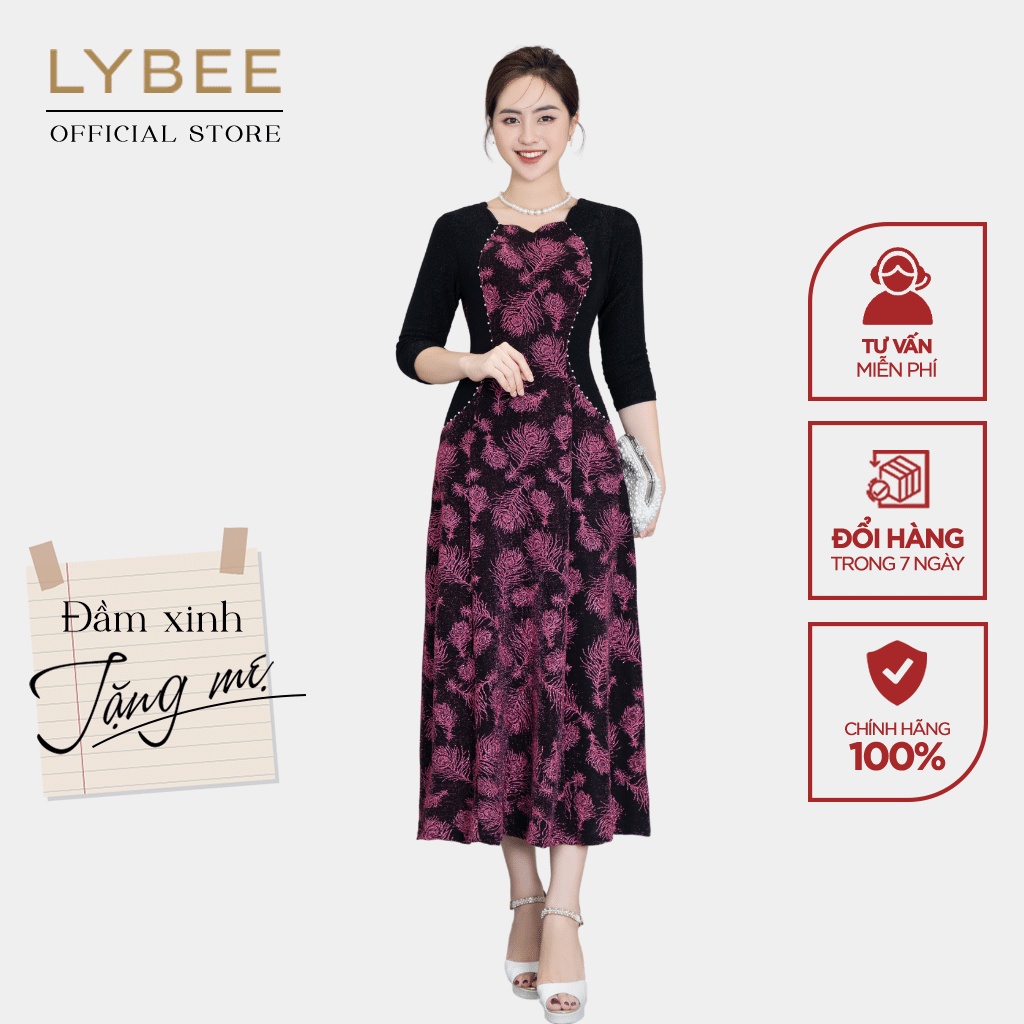 Đầm trung niên nữ thiết kế LYBEE LV817 cổ sóng thời trang cho mẹ chất thun kim sa ánh nhũ co giãn cao cấp