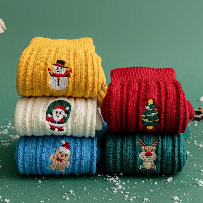 Đôi vớ WAFNHA D557 bằng cotton dày dặn thoáng khí co giãn tốt thêu hoạt tiết phong cách giáng sinh