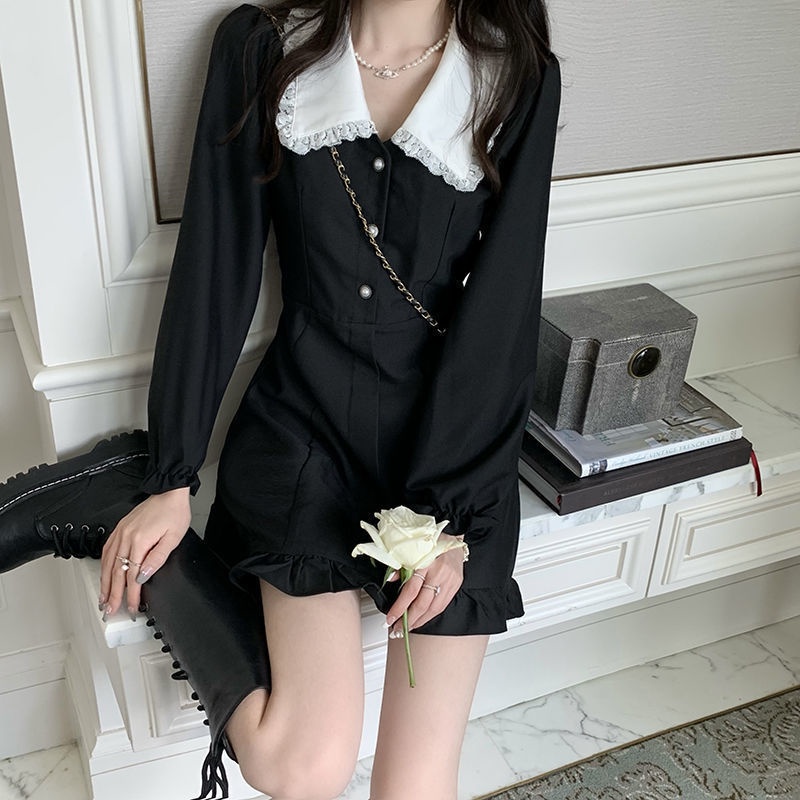 IELGY IELGY Đầm Ngắn Tay Dài Cổ Chữ v Phong Cách Hàn Quốc Cho Nữ