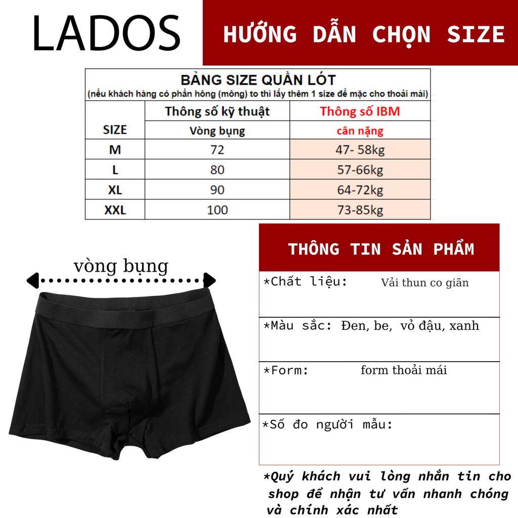 Quần sịp boxer nam 100% cotton thun co giãn LADOS 4120 thoáng mát, thấm hút, dễ mặc