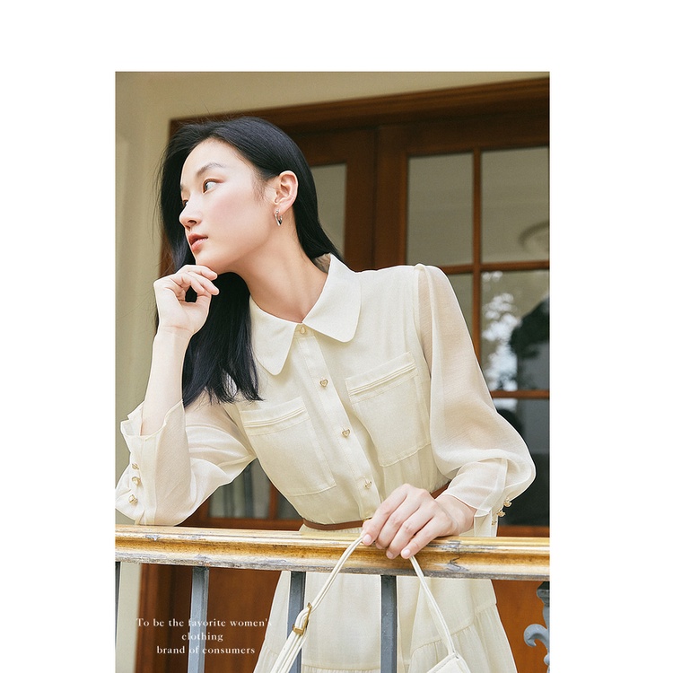 Đầm xòe cổ sơ mi công sở tay phồng Quyên DN003, kiểu dáng hàn quốc thanh lịch (Không kèm đai lưng)